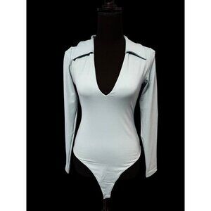 Susana Monaco Womens Aqua Long Sleeve Bodysuit With Collar workattire profession